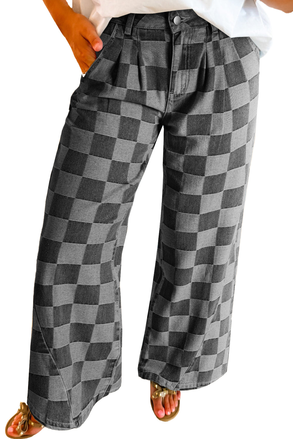 Dusk Blue Checkered Light Washed Wide Leg Jeans
