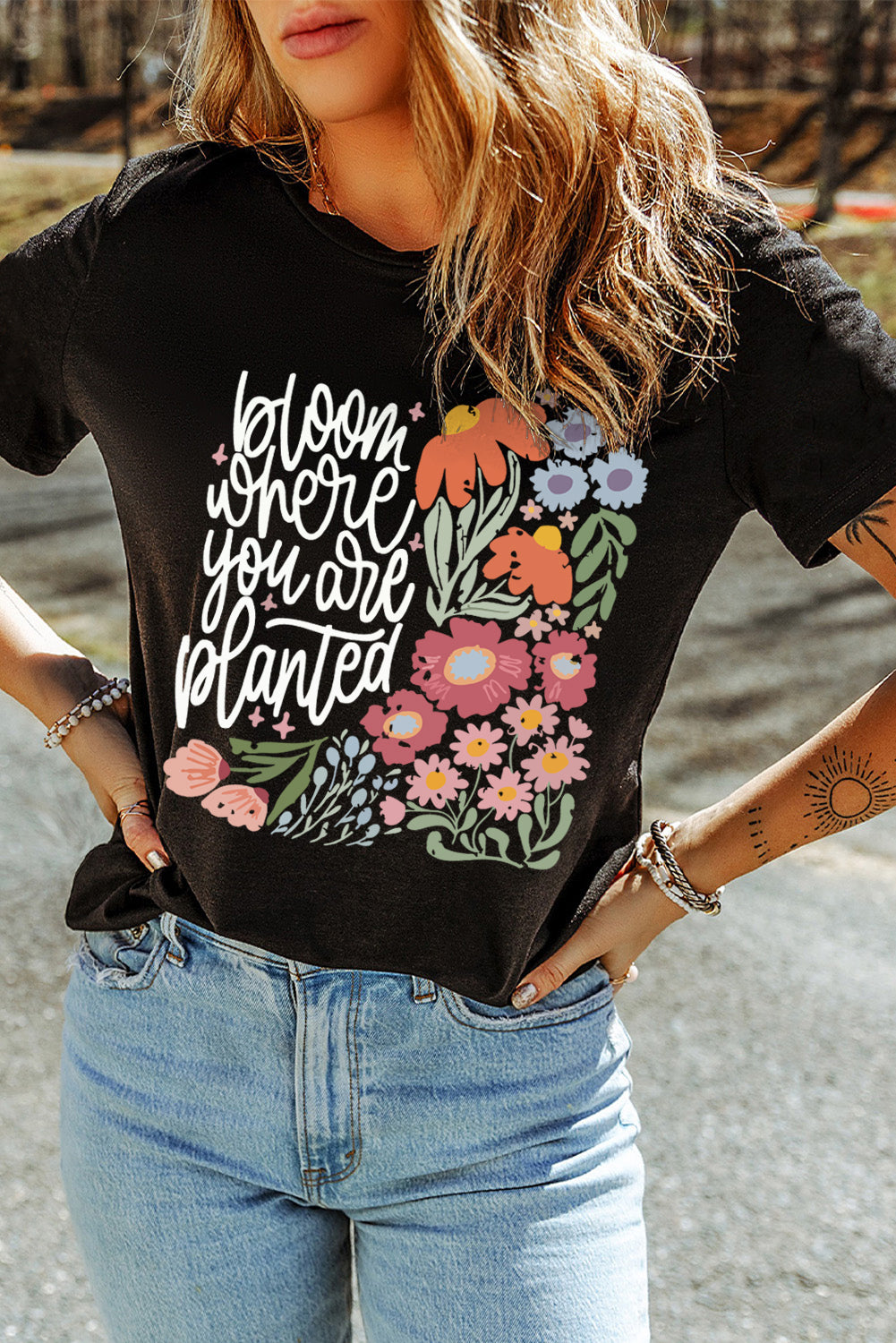 Black bloom where you are planted Floral Heat Transfer Printing T Shirt