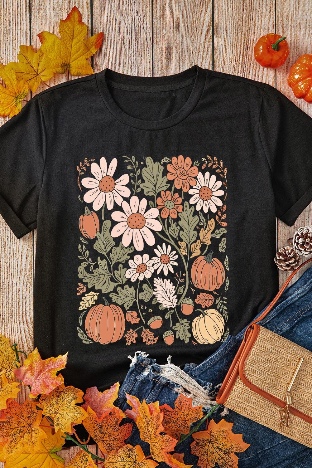 Black Wild Flower Pumpkin Heat Transfer Printing T Shirt