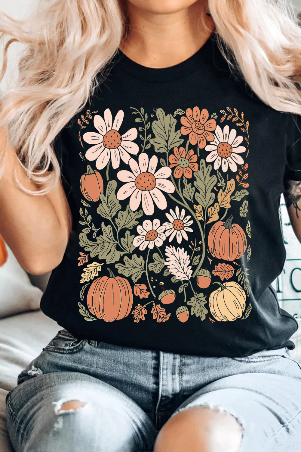 Black Wild Flower Pumpkin Heat Transfer Printing T Shirt
