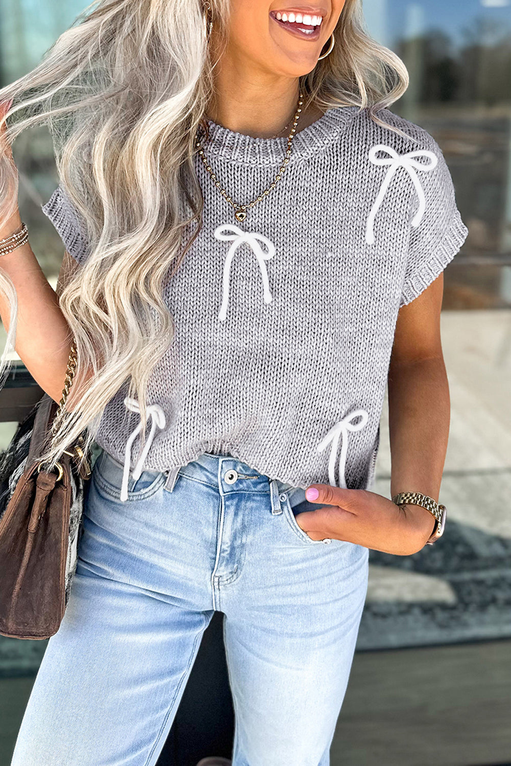 Parchment Bowknot Applique Cap Sleeve Sweater