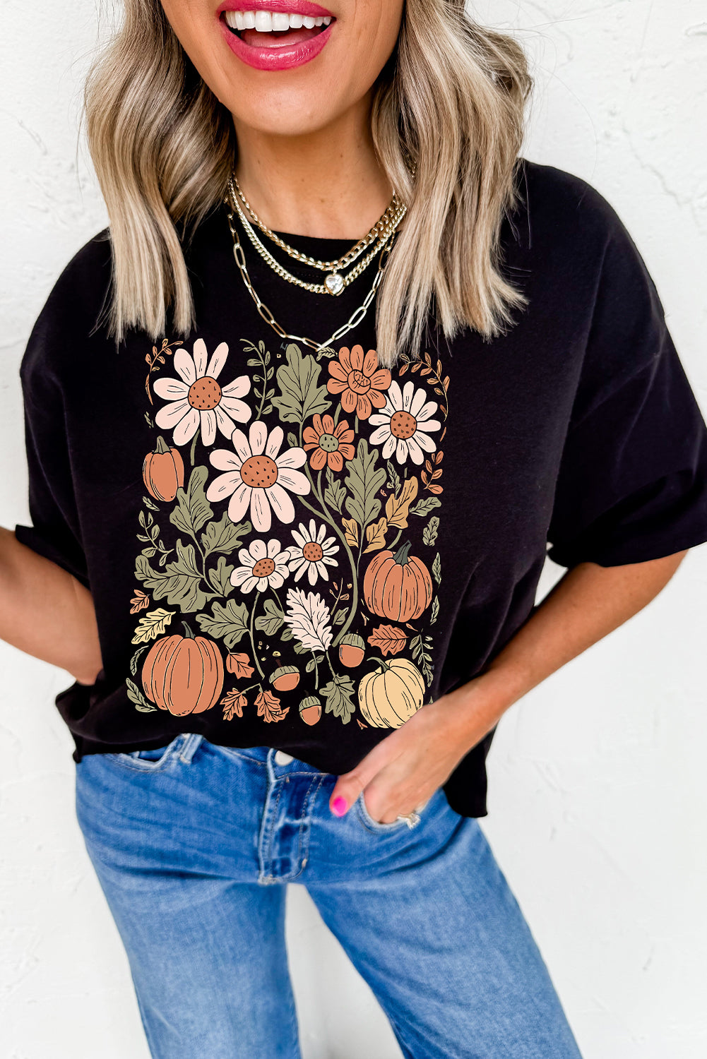 Black Wild Flower Pumpkin Heat Transfer Printing T Shirt