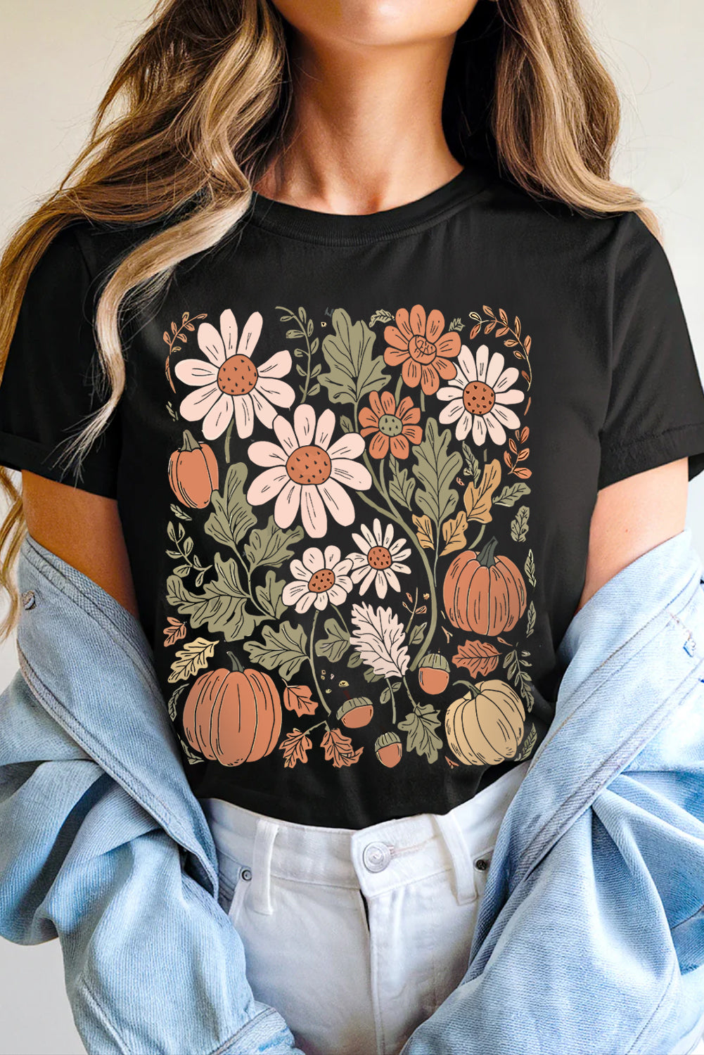 Black Wild Flower Pumpkin Heat Transfer Printing T Shirt