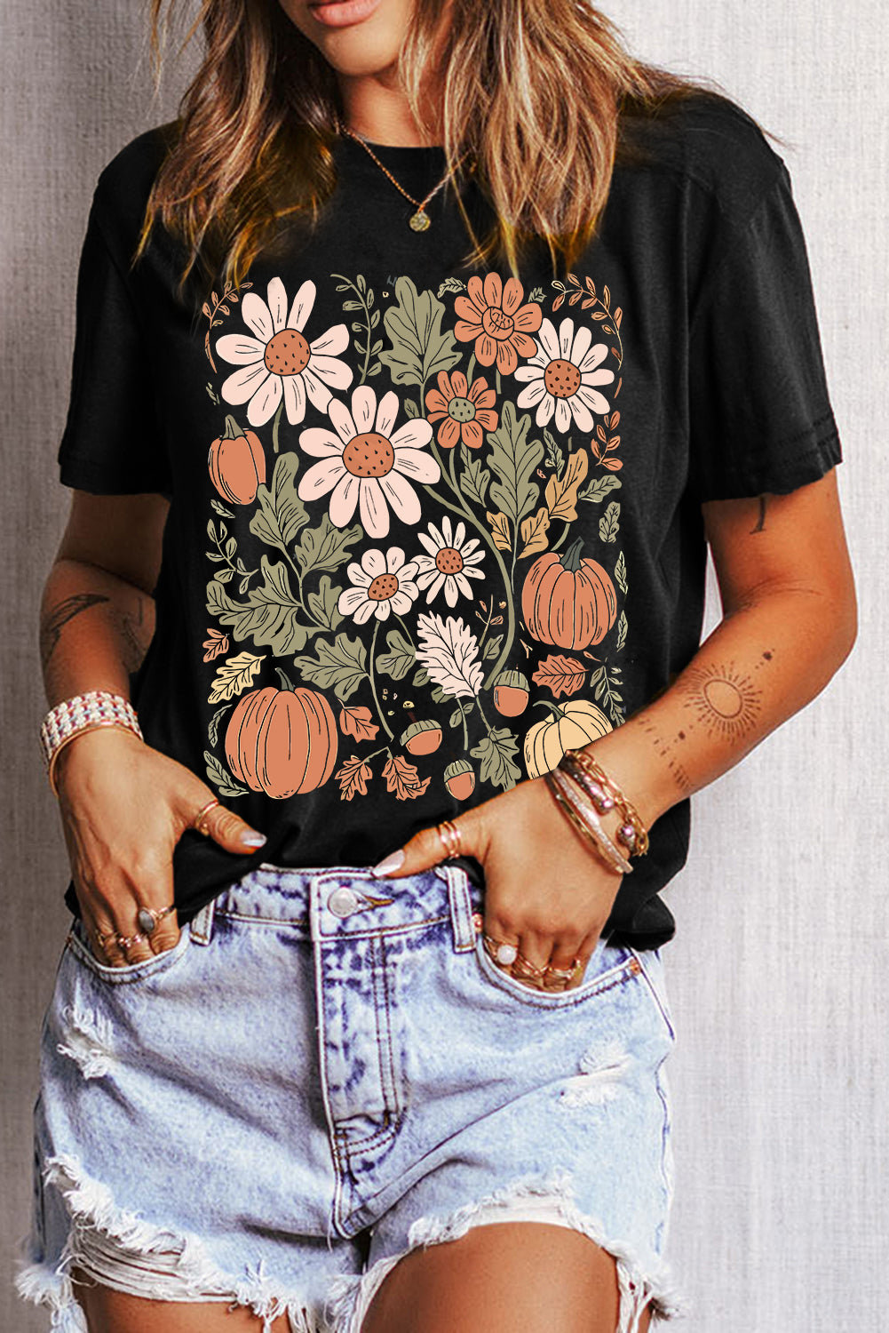 Black Wild Flower Pumpkin Heat Transfer Printing T Shirt
