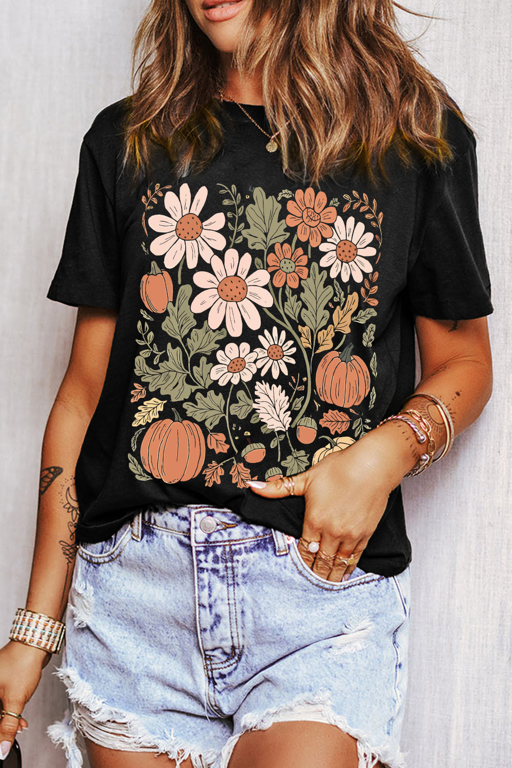 Black Wild Flower Pumpkin Heat Transfer Printing T Shirt