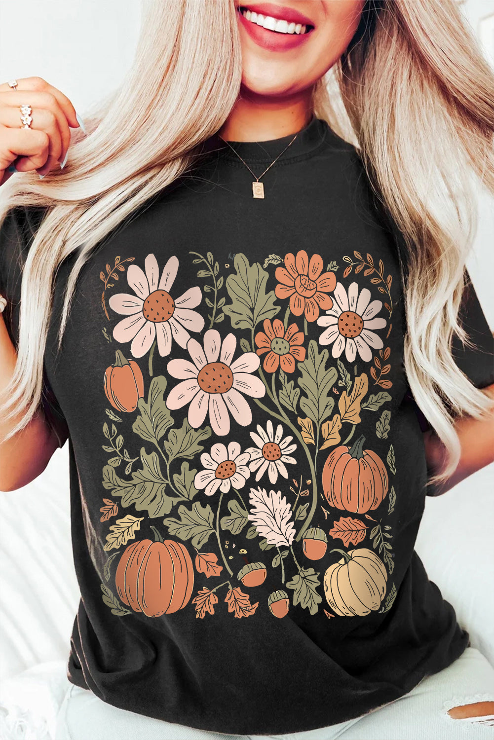 Black Wild Flower Pumpkin Heat Transfer Printing T Shirt