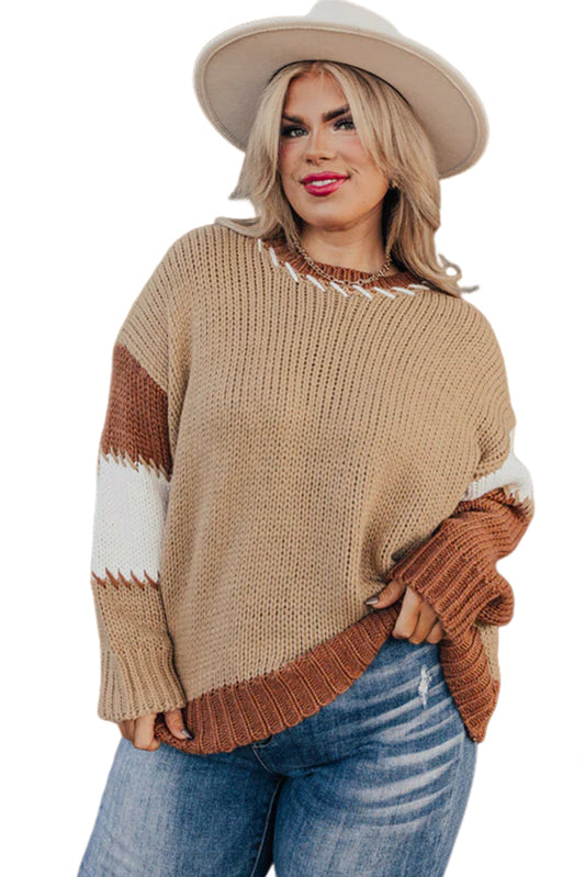 Light French Beige Contrast Stitch Detail Colorblock Knitted Plus Size Sweater