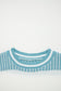 Light Blue Two Tone Striped Patchwork Drop Shoulder Loose Sweater