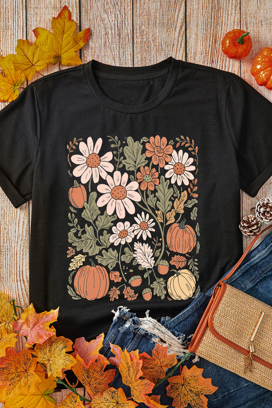 Black Wild Flower Pumpkin Heat Transfer Printing T Shirt