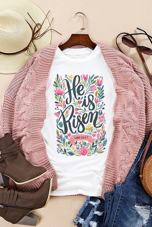 White He is Risen Floral Heat Transfer Printing Graphic T Shirt