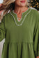 Jungle Green Contrast Stitched V Neck 3/4 Sleeve Tiered Mini Dress