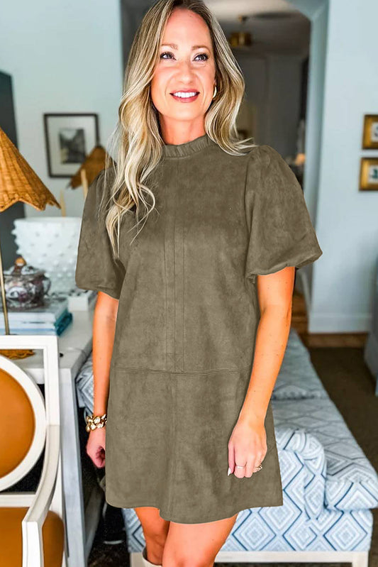 Moss Green Frill Neck Puff Sleeve Mini Dress