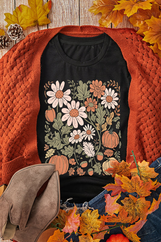 Black Wild Flower Pumpkin Heat Transfer Printing T Shirt