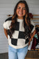 Light Blue Checkered Color Block Crew Neck Short Sleeve Sweater