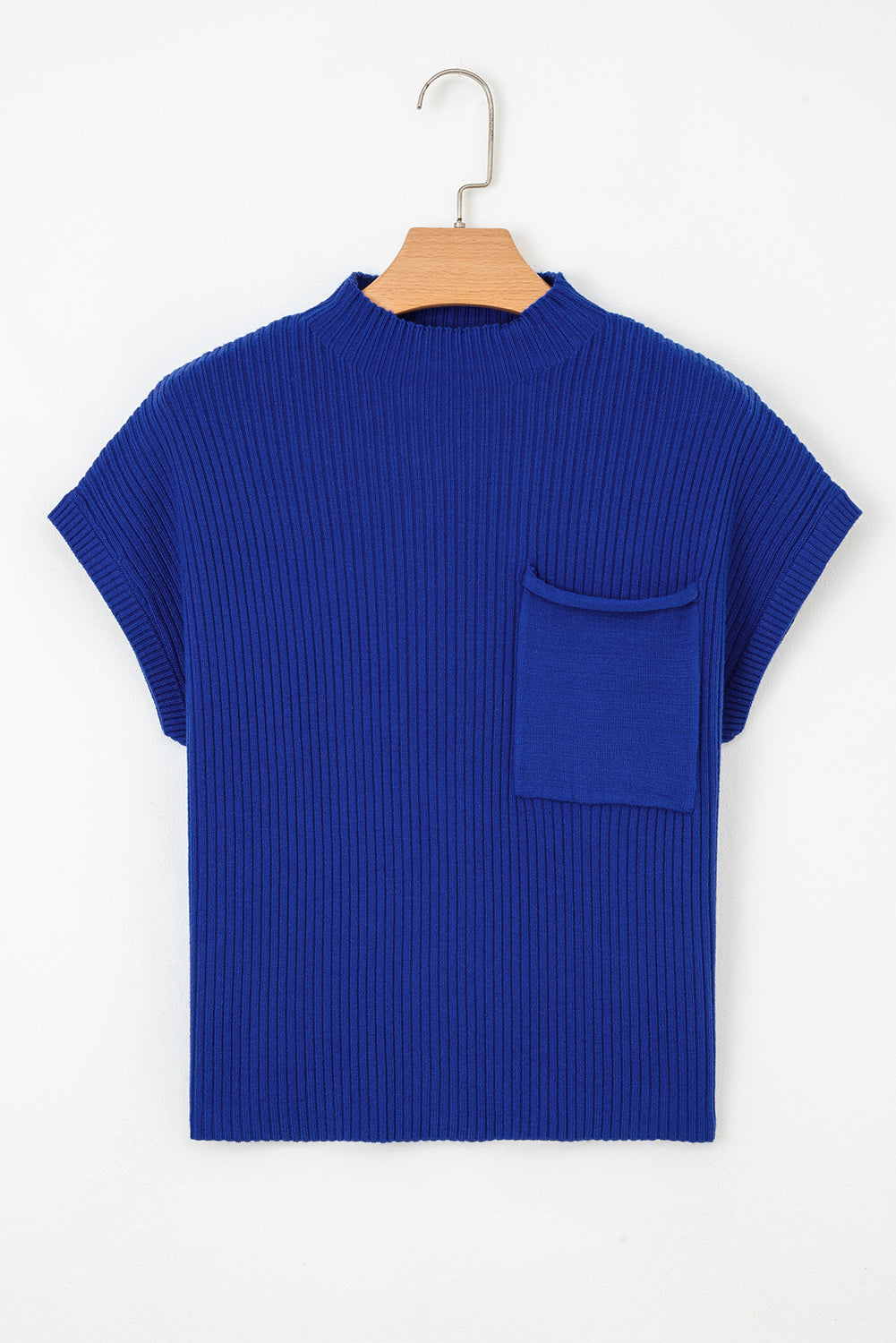 Oatmeal Patch Pocket Ribbed Knit Short Sleeve Sweater